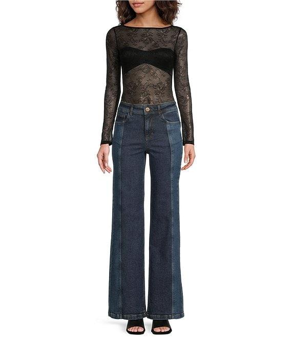 Chelsea & Violet Adams Knit Sheer Illusion Lace Boat Neck Long Sleeve Fitted Bodysuit Product Image