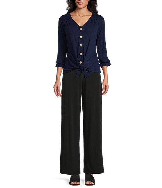 I.N. Studio Knit V-Neck Elbow Flounce Sleeve Tie-Front Top Product Image