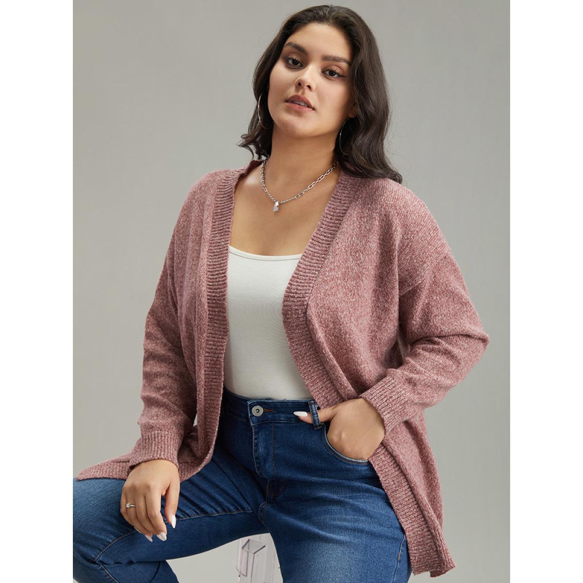 Plus Size Solid Heather Elastic Cuffs Cardigan Maroon Women Casual Loose Long Sleeve Everyday Cardigans BloomChic 12/L Product Image