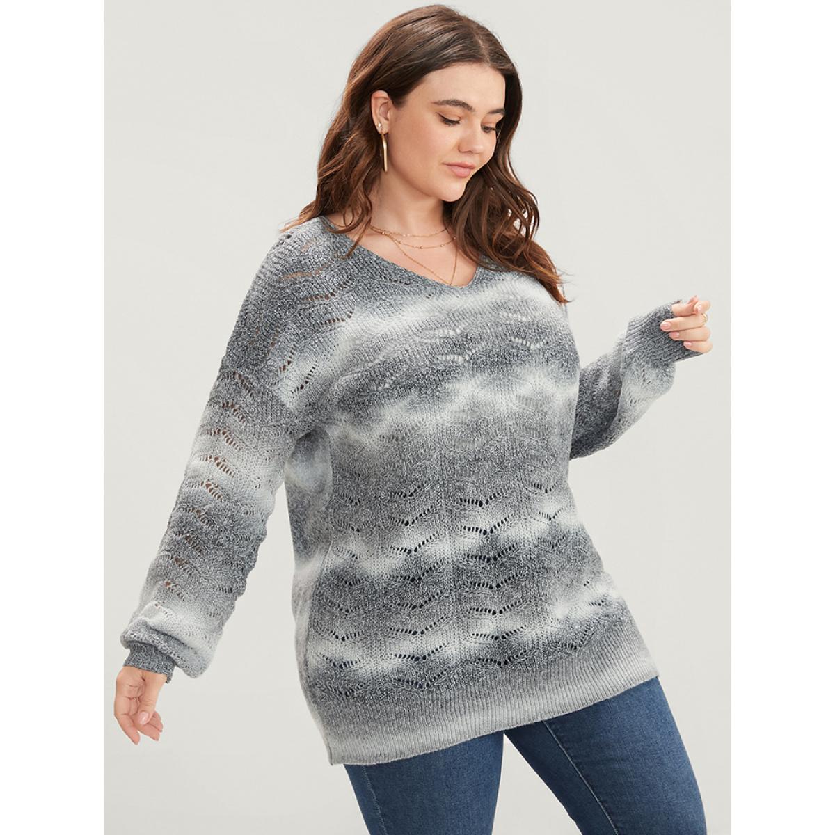 Plus Size Ombre Spacedye Knit Eyelet V Neck Heather Knit Top Multicolor Women Casual Loose Long Sleeve V-neck Dailywear Pullovers BloomChic 30/6X Product Image