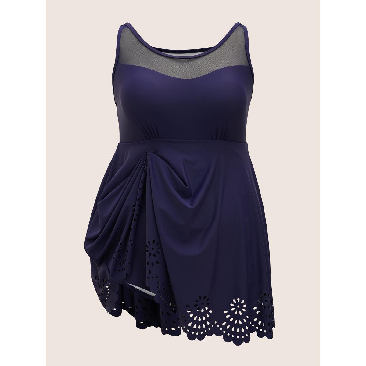 Plus Size Solid Mesh Patchwork Laser Cut Swim Dress Women's Swimwear Indigo Beach Bodycon Round Neck High stretch Curve Swim Dresses BloomChic 10/M Product Image