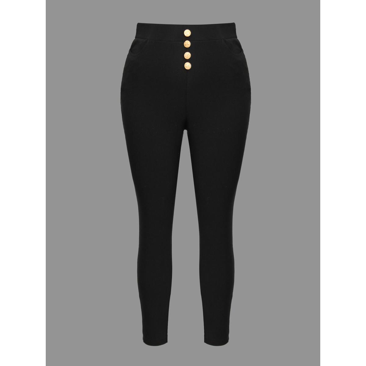 Plus Size Plain Button Detail Skinny Fit Pants Women Black Elegant Skinny Mid Rise Everyday Pants BloomChic 22-24/3X Product Image