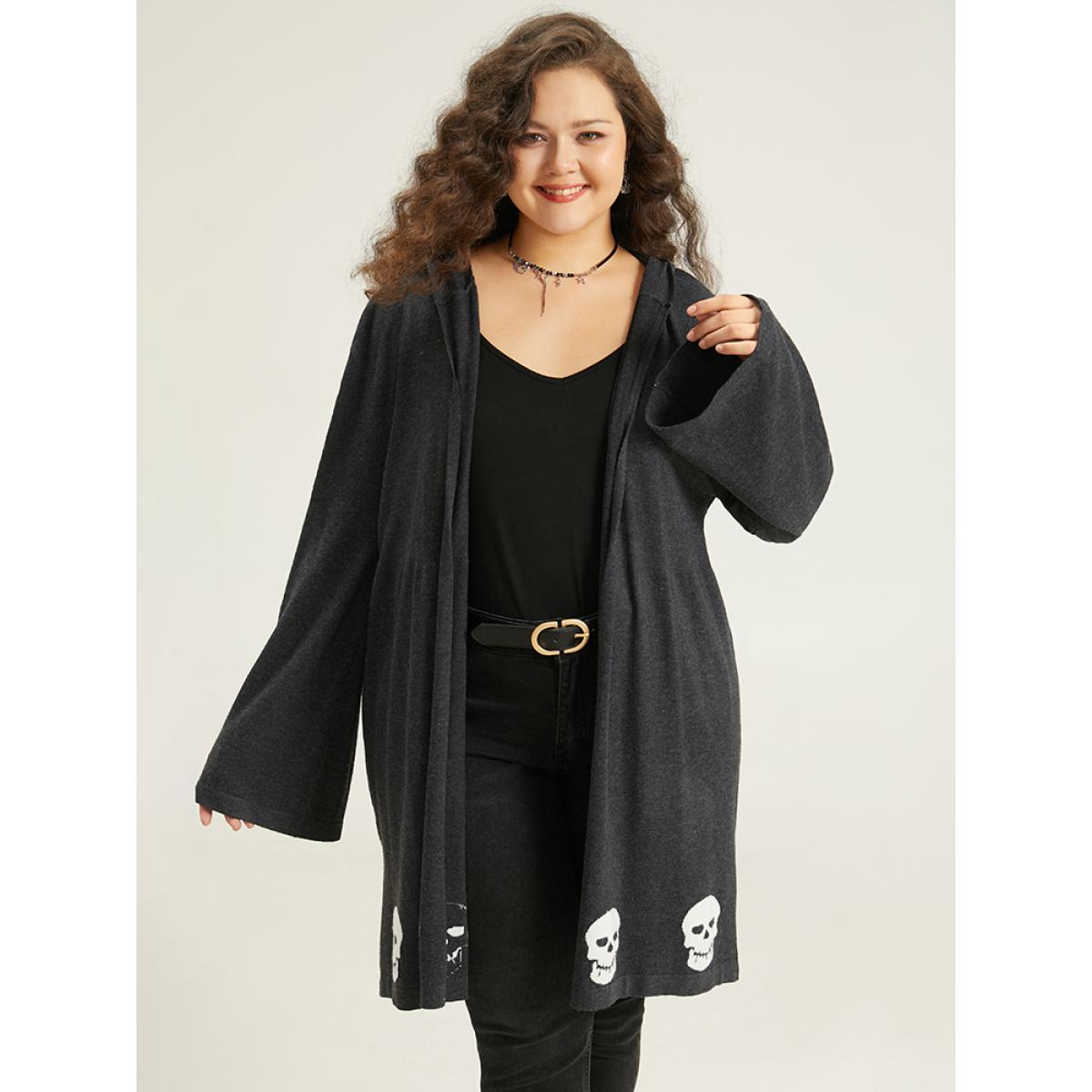 Plus Size Halloween Skull Print Hooded Split Open Front Cardigan Black Women Casual Loose Long Sleeve Festival-Halloween Cardigans BloomChic 22-24/3X Product Image