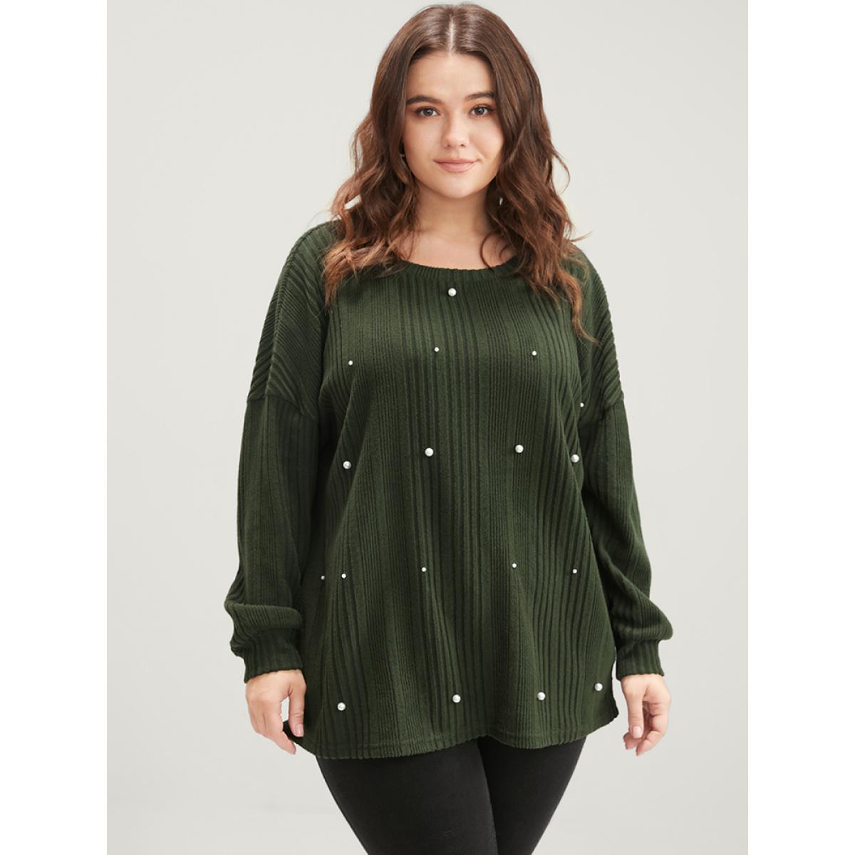 Plus Size Solid Round Neck Pearls Beaded Rib Knit Sweatshirt Women DarkGreen Casual Beaded Round Neck Dailywear Sweatshirts BloomChic 28/5X Product Image