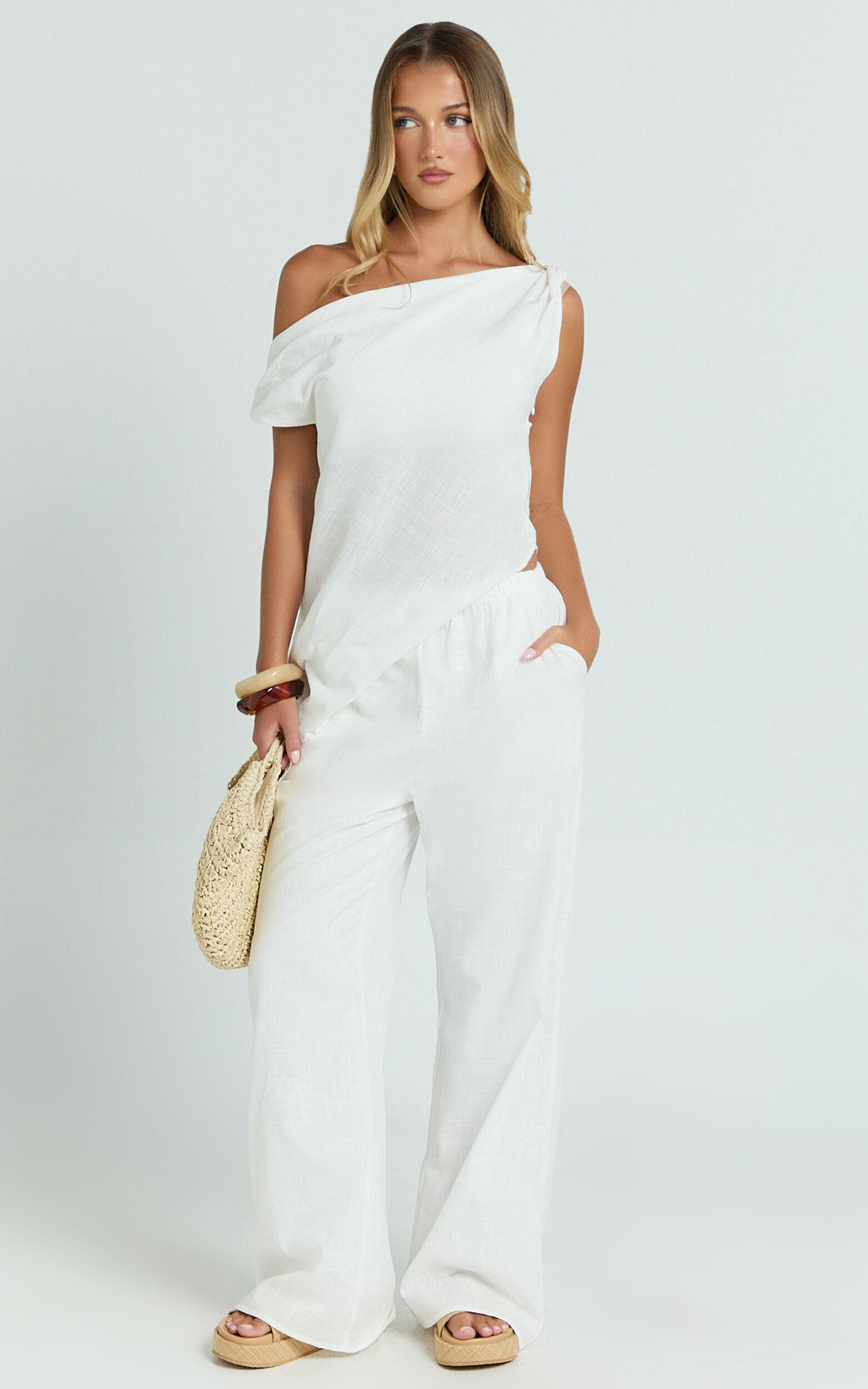 Annalie Two Piece Top and Pants Set - Off Shoulder Linen Set in White Product Image