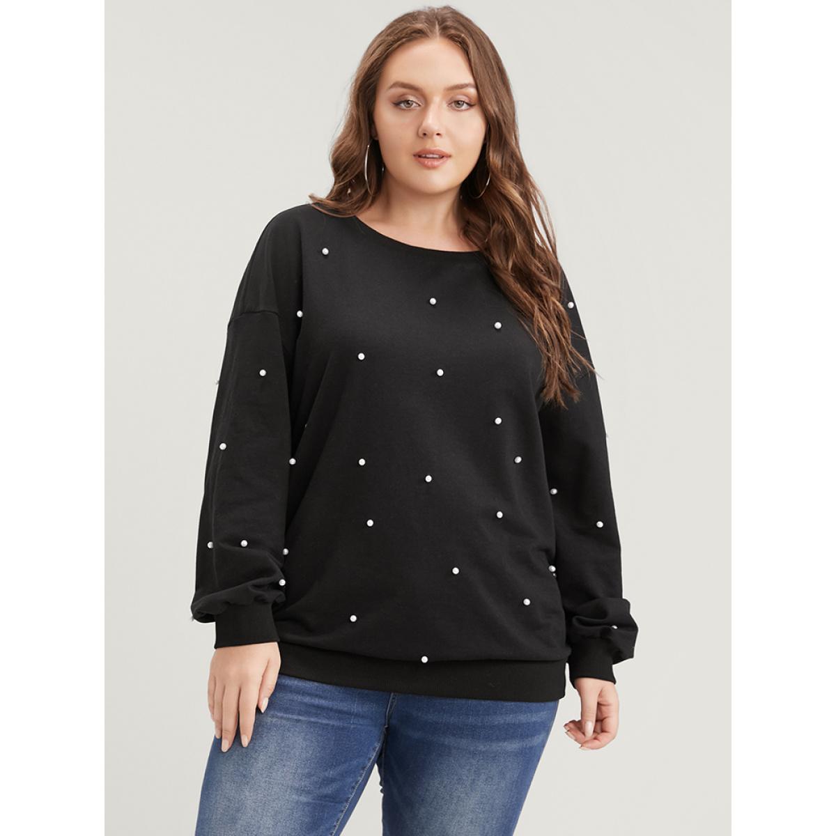 Plus Size Solid Pearl Beaded Drop Shoulder Sweatshirt Women Black Party Beaded Round Neck Going out Sweatshirts BloomChic 10/M Product Image
