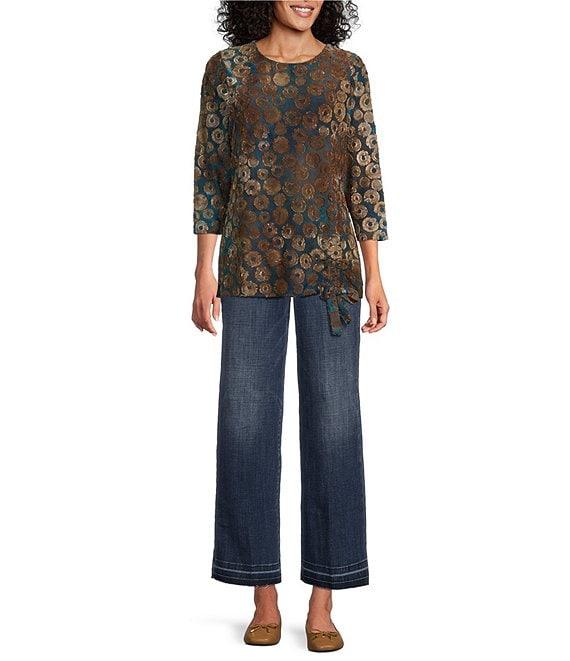 Leo & Nicole Jacquard Fanfare Print Crew Neck 3/4 Sleeve Side Cinched Tie Top Product Image