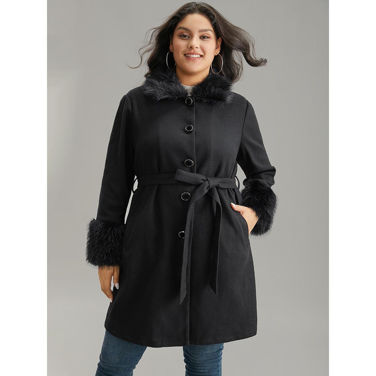 Plus Size Solid Fuzzy Trim Button Through Belted Coat Women Black Casual Plain Ladies Dailywear Winter Coats BloomChic 10/M Product Image