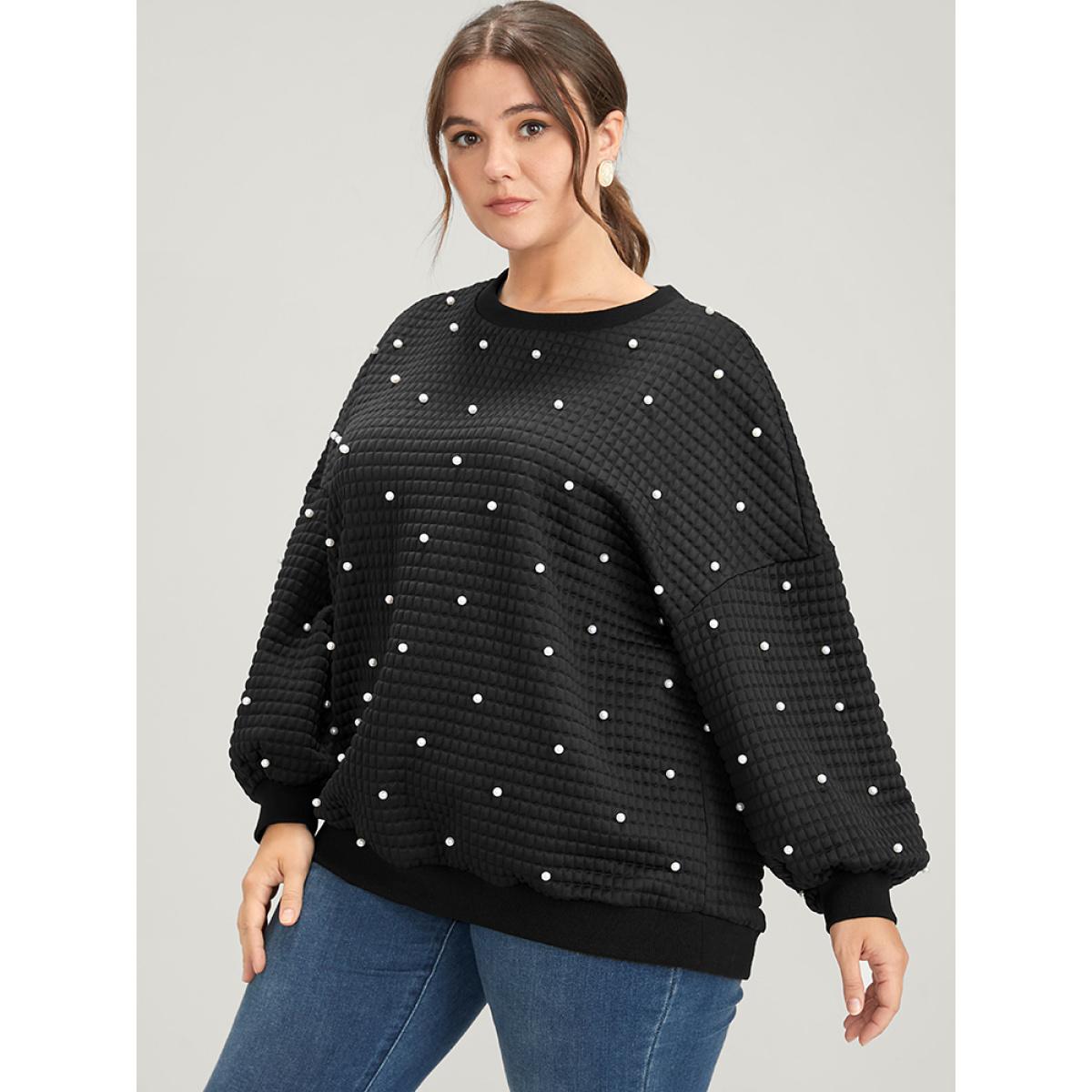 Plus Size Solid Texture Pearls Beaded Sweatshirt Women Black Party Beaded Round Neck Going out Sweatshirts BloomChic 26/4X Product Image
