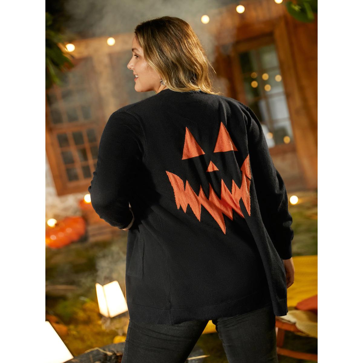 Plus Size Supersoft Essentials Jack-o-Lantern Jacquard Back Printed Cardigan Black Women Casual Loose Long Sleeve Everyday Cardigans BloomChic 28/5X Product Image
