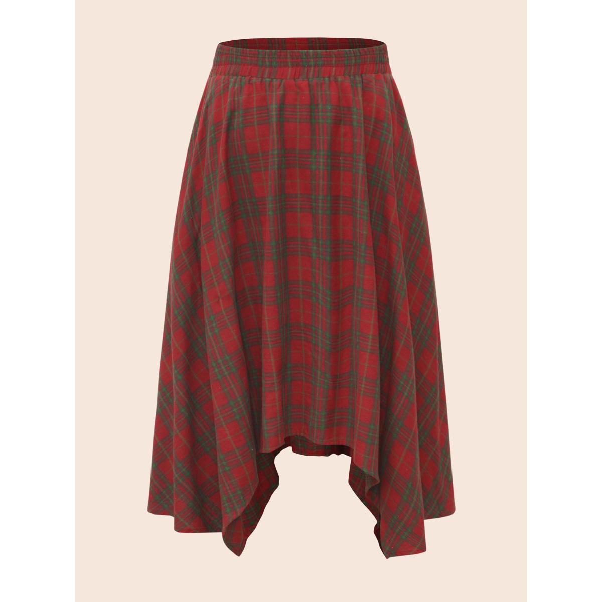 Plus Size Plaid Pattern Asymmetrical Hemline Midi Skirt Women Crimson Elegant Asymmetrical Loose No stretch Slanted pocket Everyday Skirts BloomChic 30/6X Product Image