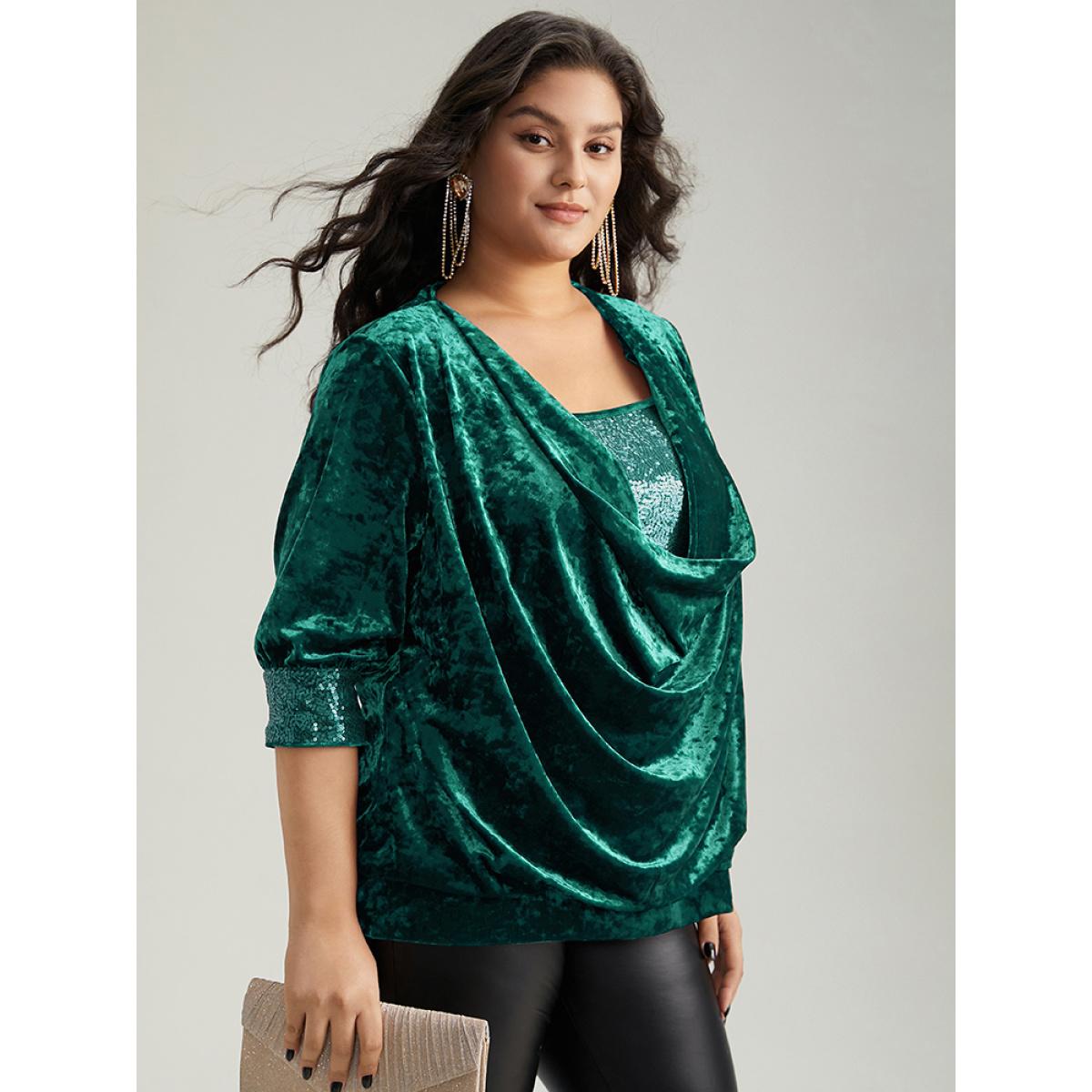 Plus Size Emerald Cowl Neck 2-In-1 Sequin Patchwork Blouse Women Party&Cocktail Elbow-length sleeve Cowl Neck Party Blouses BloomChic 18-20/2X Product Image
