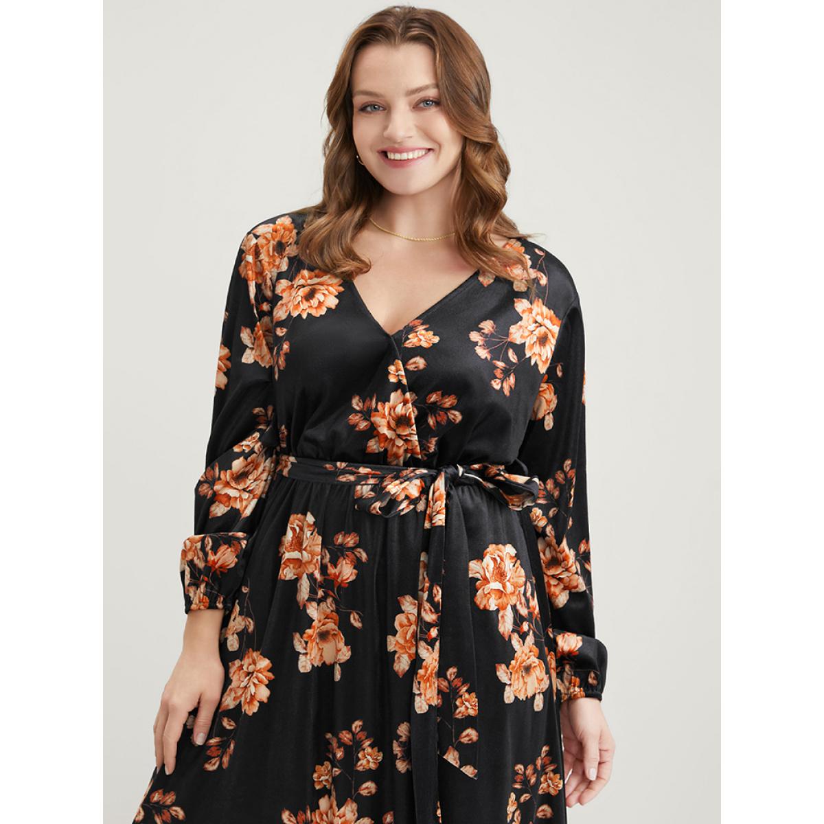 Plus Size Floral Lantern Sleeve Belted Surplice Neck Velvet Maxi Dress Black Women Elegant Cross straps V-neck Long Sleeve Curvy Long Dress BloomChic 14-16/1X Product Image