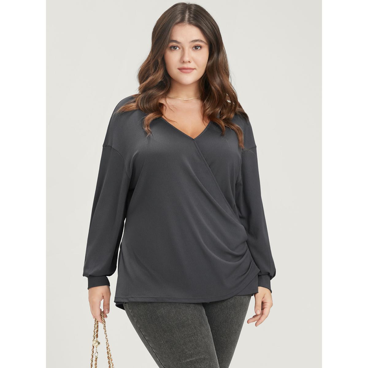 Plus Size Solid Wrap Rib Knit Sweatshirt Women DimGray Elegant Wrap Loose V-neck Dailywear Sweatshirts BloomChic 10/M Product Image