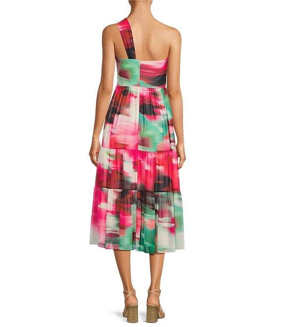 Belle by Badgley Mischka Remi Georgette printed Strapless One Sleeve Midi Dress Product Image