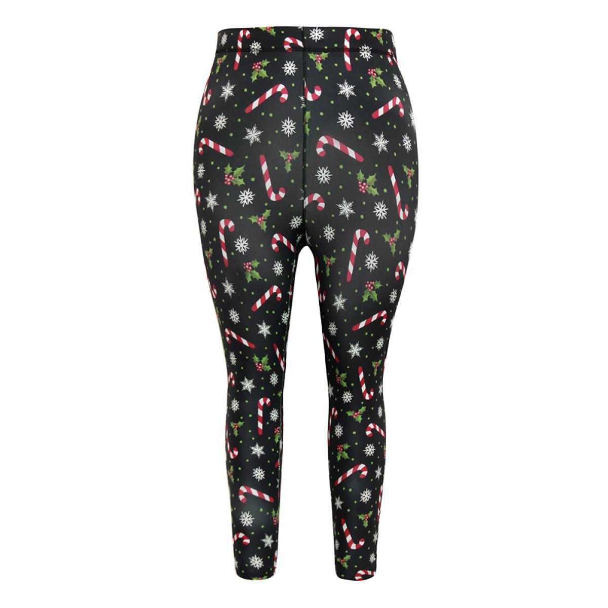 Plus Size Christmas Print Elastic Waist Skinny Leggings Women BlackFlower Casual High stretch Skinny High Rise Festival-Christmas Leggings BloomChic 12/L Product Image