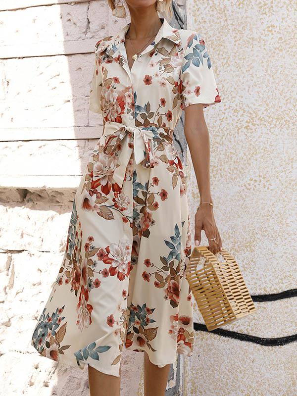 A-Line Loose Buttoned Flower Print Tied Waist Lapel Midi Dresses Product Image