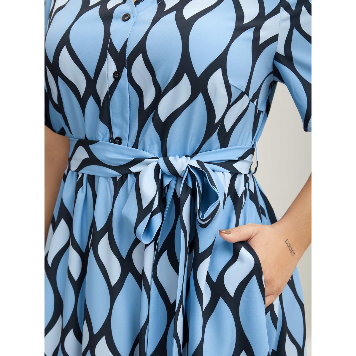 Plus Size Geometric Pattern Stretchy Waist Belted Midi Dress Multicolor Women Non Short sleeve Curvy BloomChic 18-20/2X Product Image
