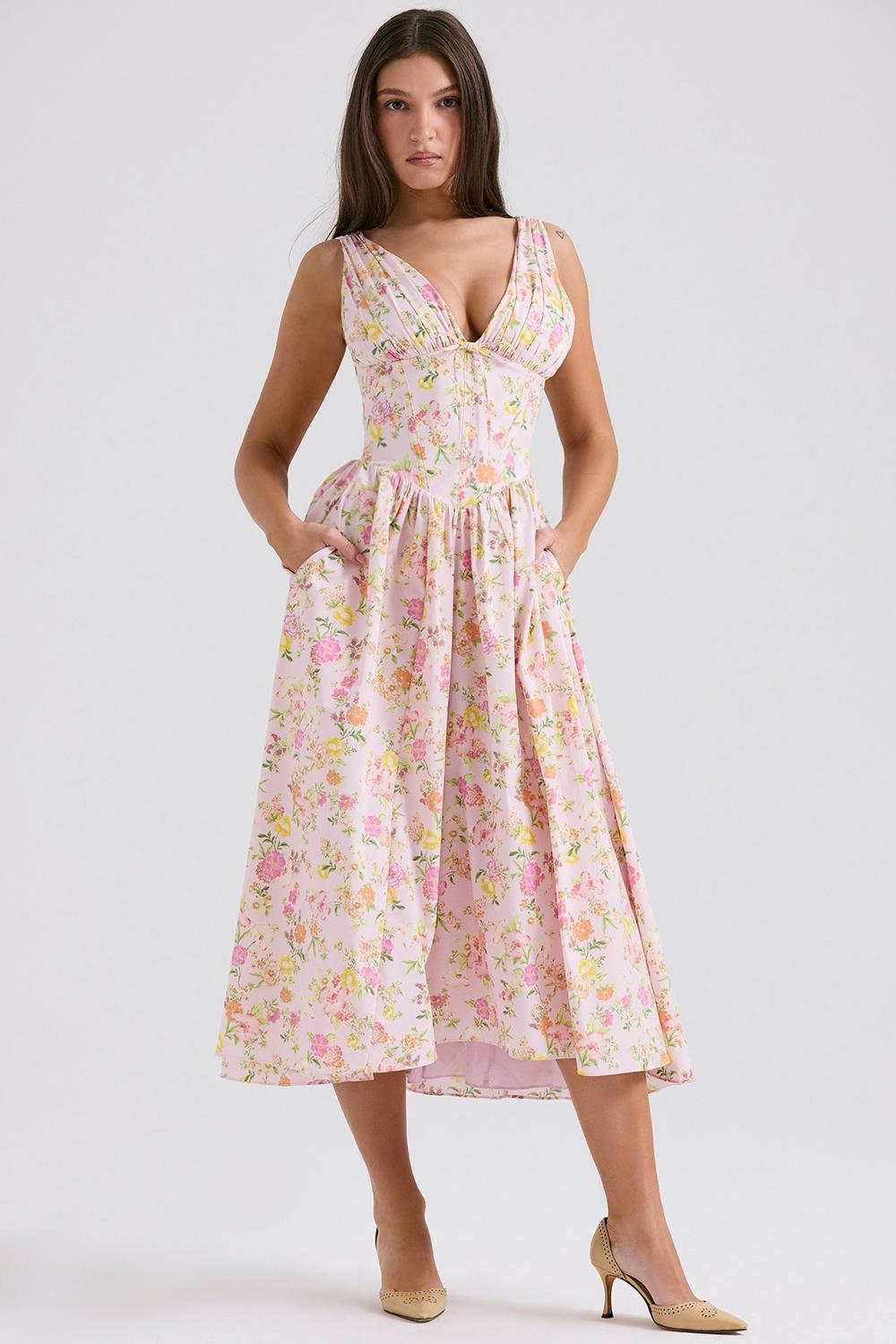 Emmelina  pink meadow print cotton corset sundress Product Image