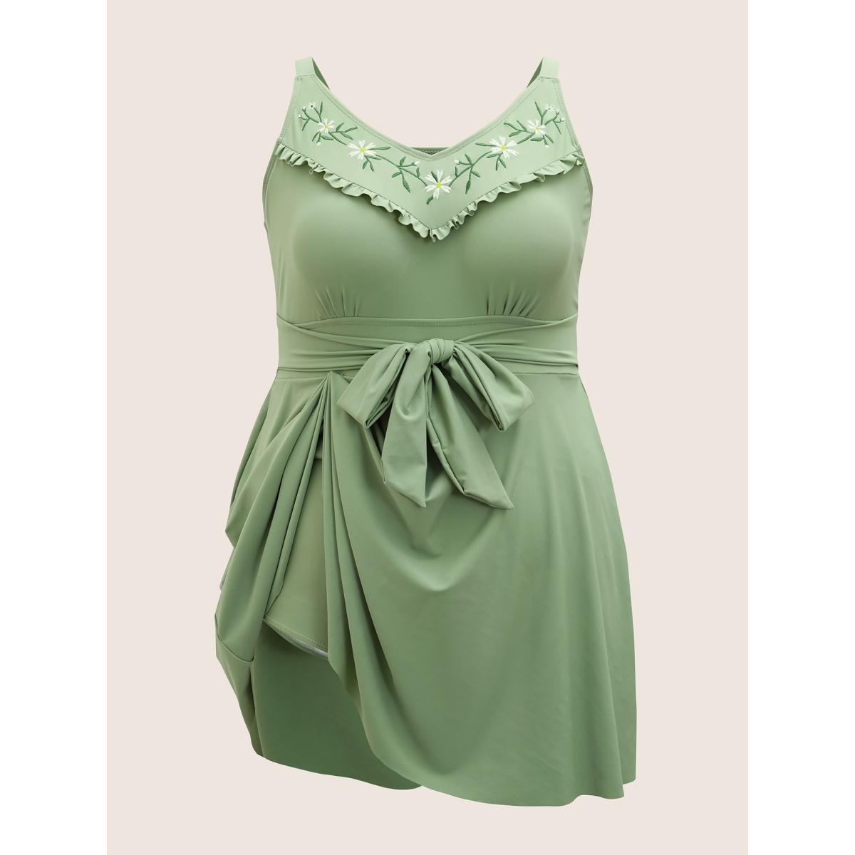 Plus Size Floral Embroidered Frill Trim Tie knot Swim Dress Women's Swimwear Palemauve Beach Bodycon Heart neckline High stretch Curve Swim Dresses BloomChic 22-24/3X Product Image