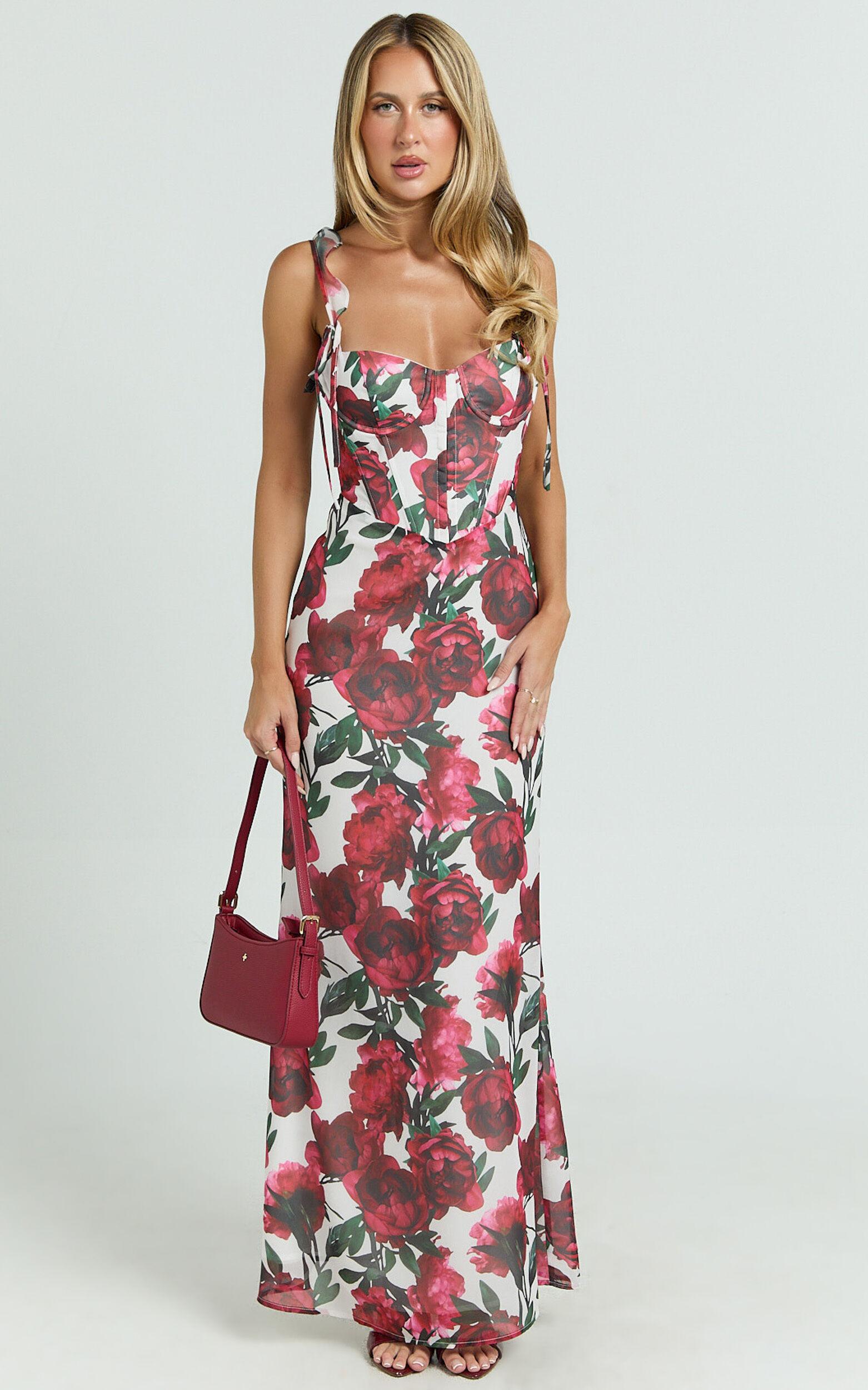 Mabel Maxi Dress - Georgette Frill Sleeve Sweetheart Bias Cut Dress in Rose Blanca Product Image