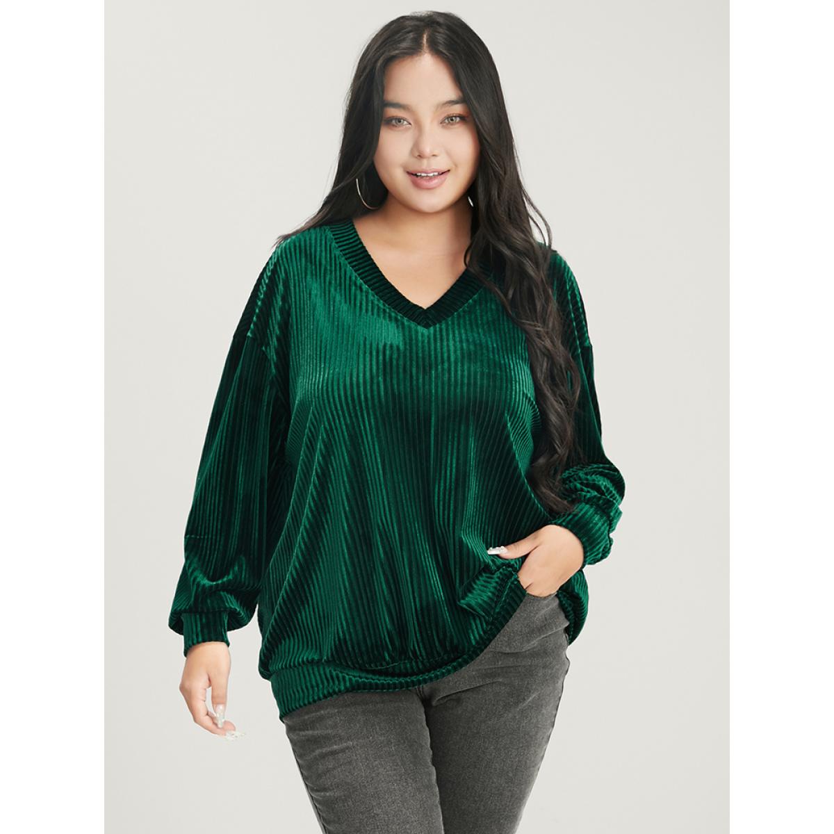 Plus Size Solid V Neck Rib Knit Velvet Sweatshirt Women DarkGreen Party Plain V-neck Going out Sweatshirts BloomChic 22-24/3X Product Image