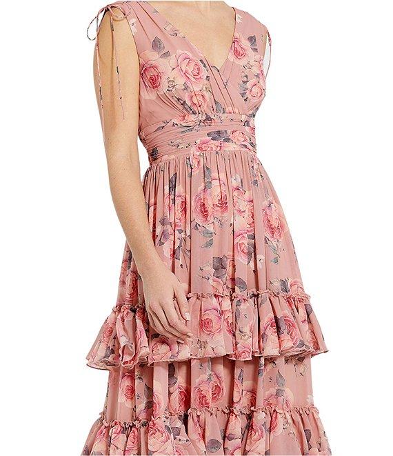 Mac Duggal Double V-Neck Sleeveless Floral Chiffon Tiered Ruffle A-Line Gown Product Image