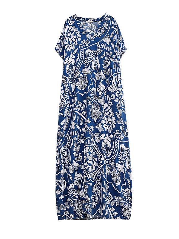 Loose Short Sleeves Printed V-Neck Maxi Dresses Product Image
