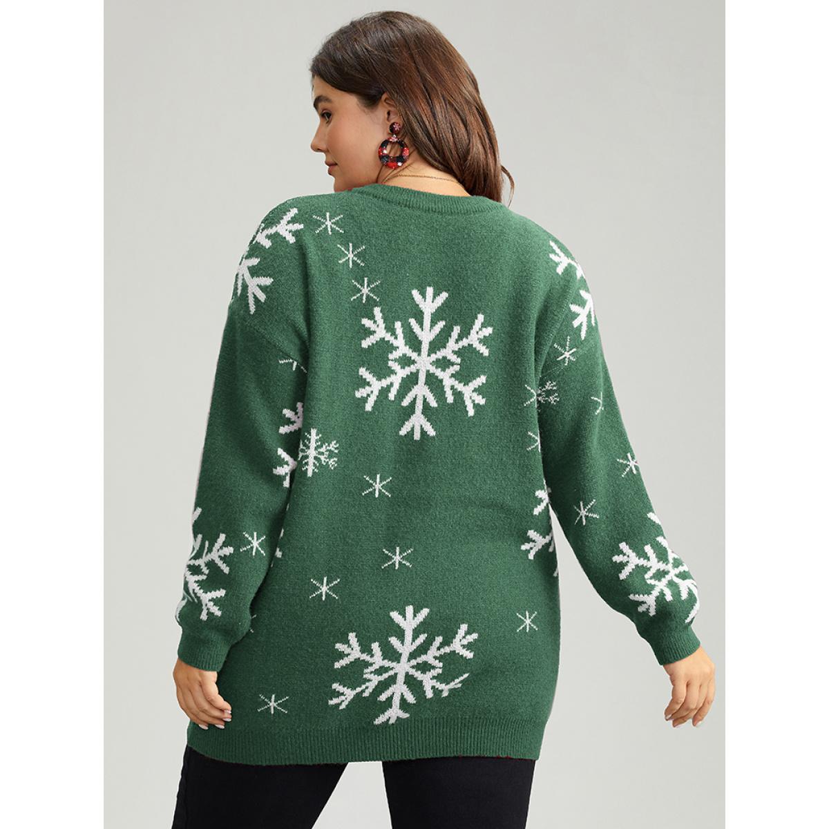 Plus Size Anti-Pilling Snowflake Print Pullover DarkBrown Women Playful Loose Long Sleeve V-neck Casual Pullovers BloomChic 12/L Product Image