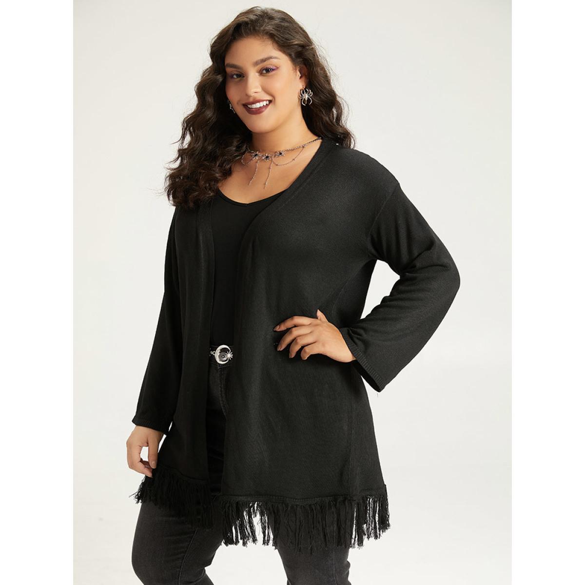 Plus Size Halloween Spider Print Tassel Trim Open Front Cardigan Black Women Casual Long Sleeve Festival-Halloween Cardigans BloomChic 14-16/1X Product Image