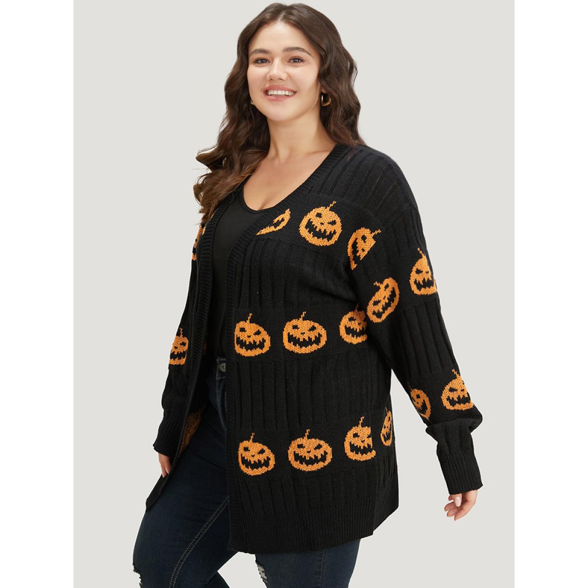 Plus Size Halloween Pumpkin Graphic Open Front Cardigan Black Women Casual Loose Long Sleeve Festival-Halloween Cardigans BloomChic 14-16/1X Product Image