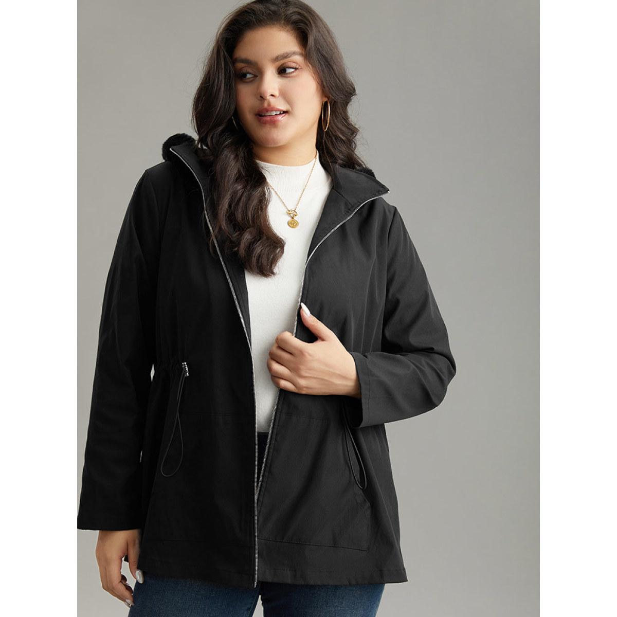 Plus Size Plain Zipper Hooded Pocket Drawstring Coat Women Black Casual Plain Ladies Dailywear Winter Coats BloomChic 28/5X Product Image