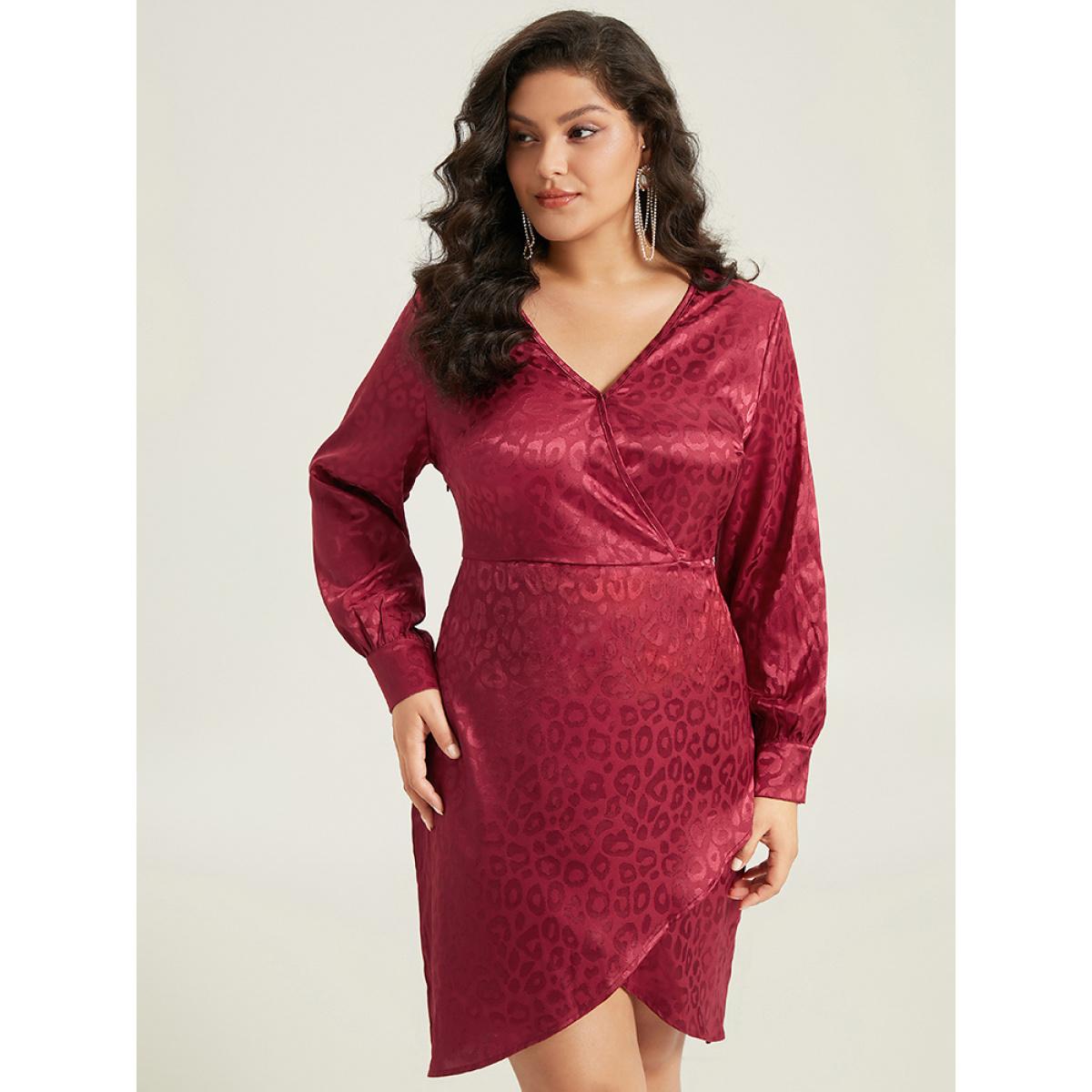 Plus Size Solid V Neck Gathered Wrap Hem Dress Scarlet Women Party Plain V-neck Long Sleeve Curvy Knee Dress BloomChic 18-20/2X Product Image