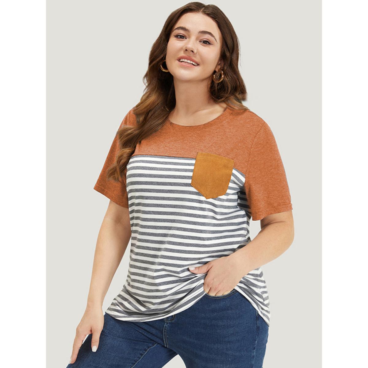 Plus Size Striped Patchwork Round Neck Patched Pocket T-shirt Chocolate Women Casual Patchwork Striped Round Neck Dailywear T-shirts BloomChic 12/L Product Image