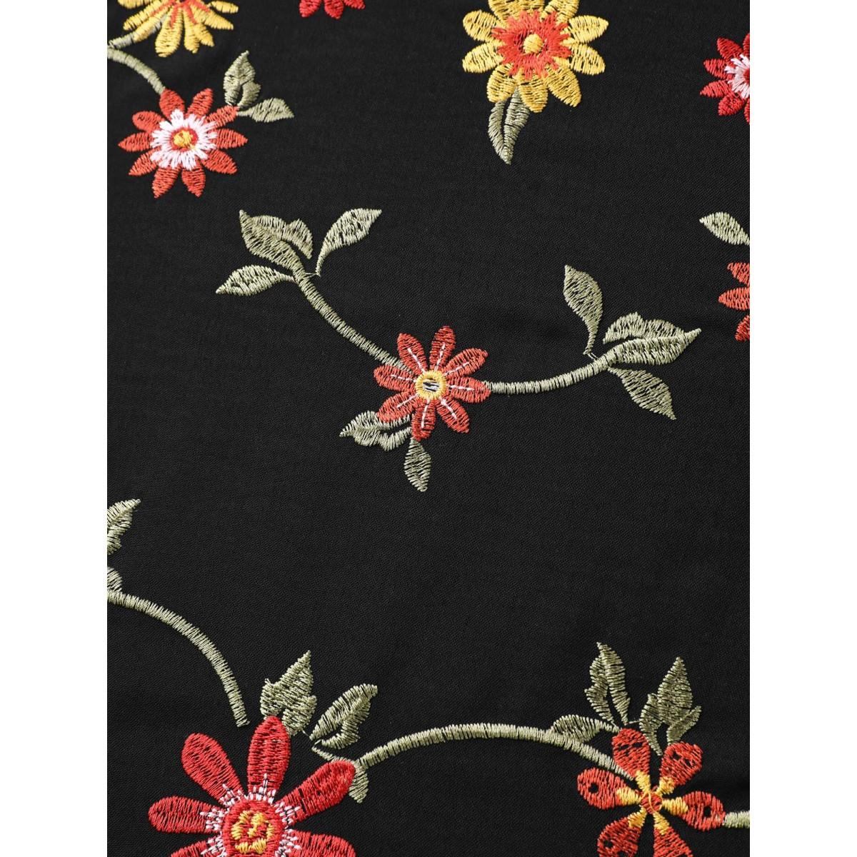 Plus Size Floral Embroidered Waist-Cinched Midi Dress Black Women Boho Round Neck Short sleeve Curvy BloomChic 22-24/3X Product Image