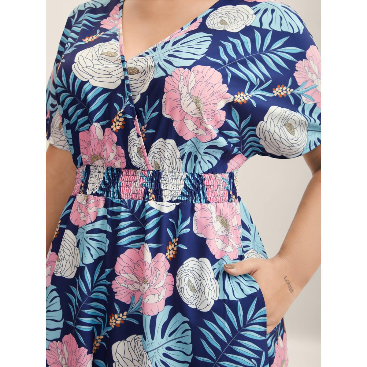 Plus Size Tropical Print Back-Tie Shirred Midi Dress DarkBlue Women Overlap Collar Short sleeve Curvy BloomChic 12/L Product Image