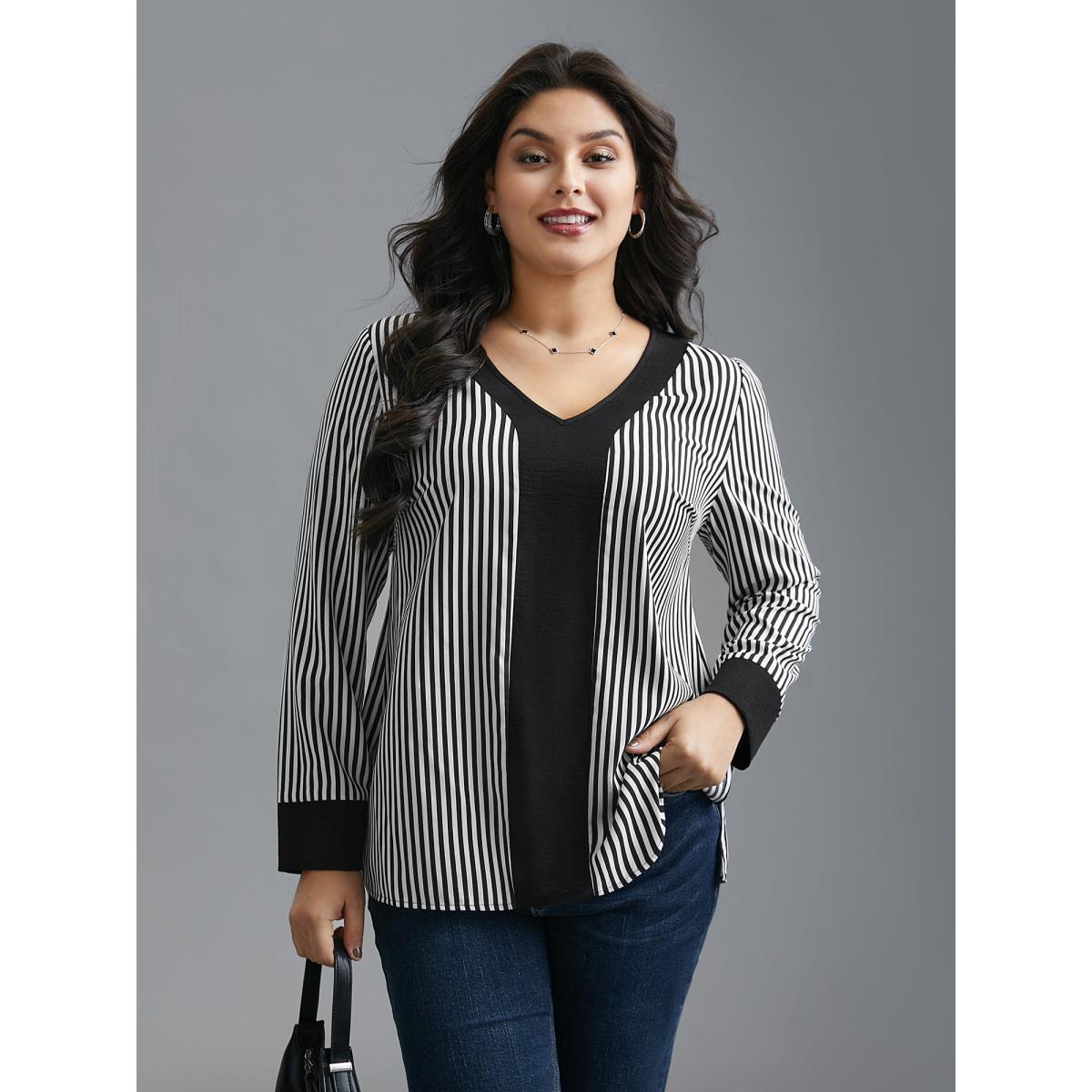Plus Size Black V Neck Striped Patchwork Blouse Women At the Office Extra Long Sleeve V-neck Work Blouses BloomChic 10/M Product Image