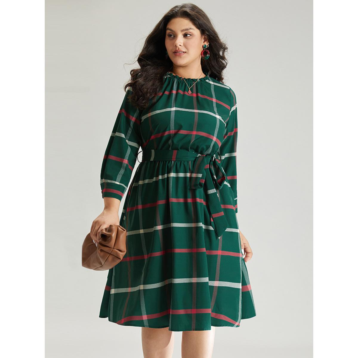 Plus Size Plaid Stand Collar Gathered Belted Dress Multicolor Women Office Printed Stand-up collar Elbow-length sleeve Curvy Midi Dress BloomChic 22-24/3X Product Image