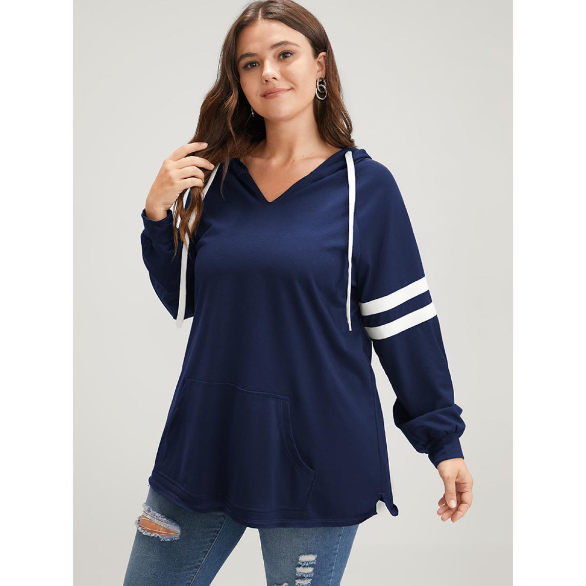 Plus Size Solid Contrast Pocket Drawstring Hooded Sweatshirt Women Black Casual Contrast Hooded Dailywear Sweatshirts BloomChic 22-24/3X Product Image