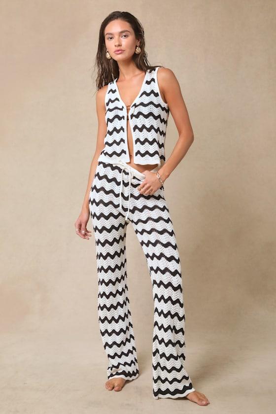 Anna Ivory and Navy Striped Crochet Swim Cover-Up Pants Product Image