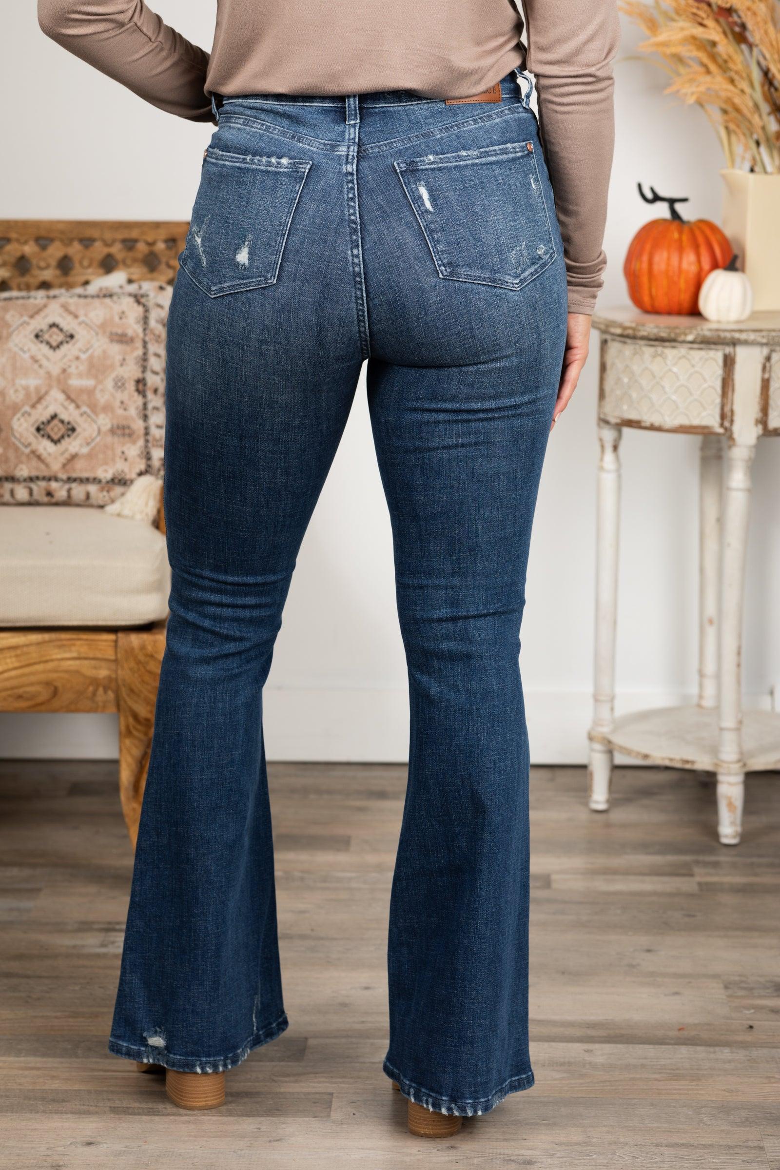 Judy Blue Dark Contrast Distress Flare Jeans Product Image