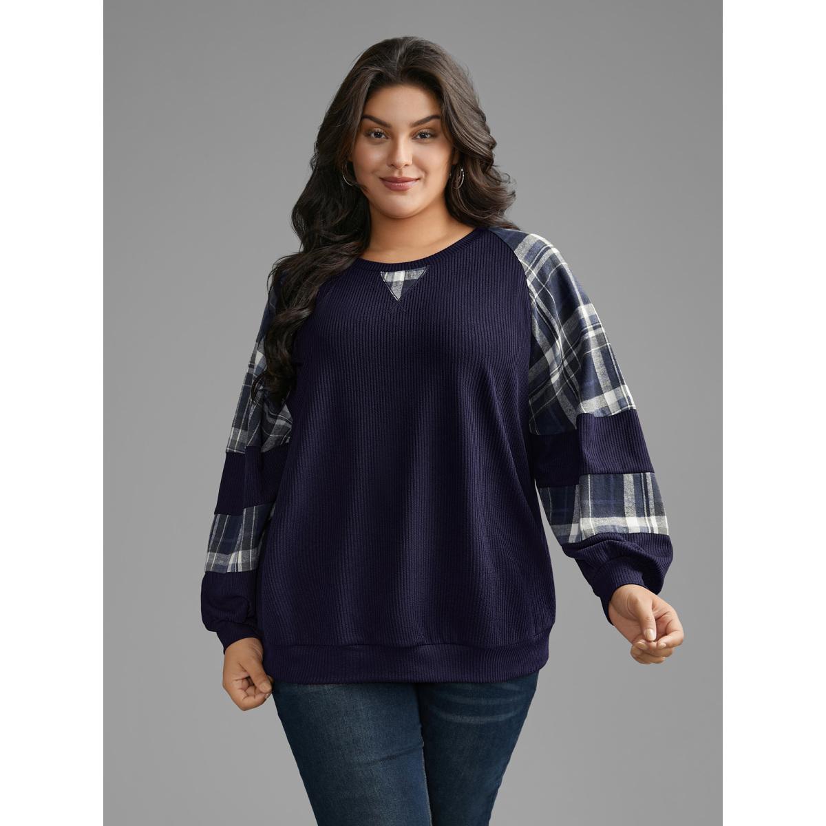 Plus Size Plaid Patchwork Raglan Sleeve Sweatshirt Women Indigo Leisure Texture Round Neck Casual Sweatshirts BloomChic 14-16/1X Product Image