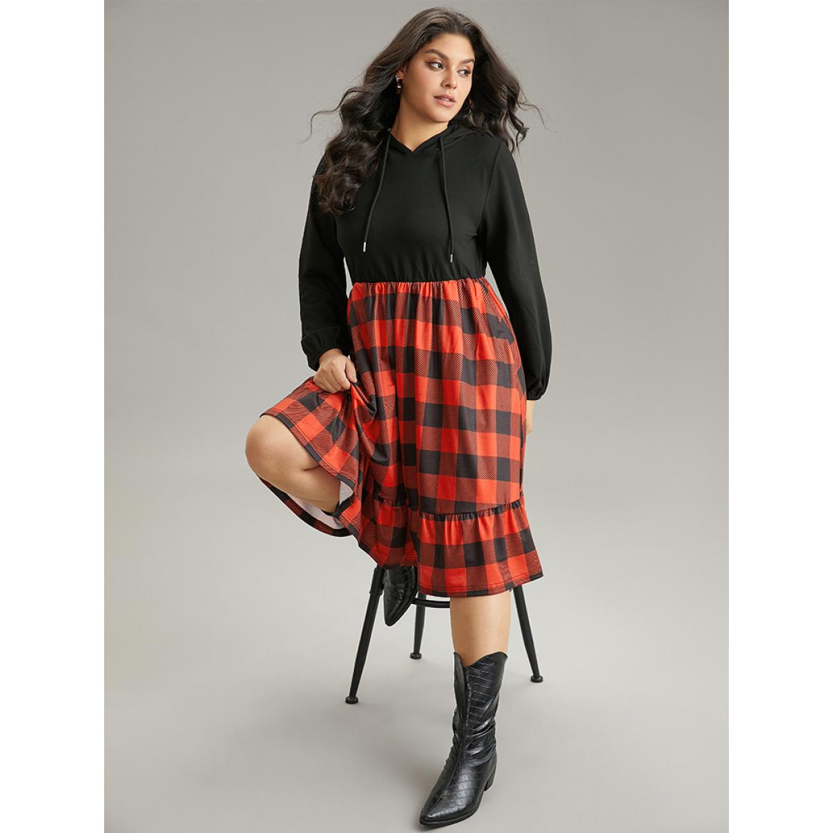 Plus Size Plaid Patchwork Ruffle Hem Hooded Lantern Sleeve Dress Black Women Casual Elastic cuffs Hooded Long Sleeve Curvy Midi Dress BloomChic 18-20/2X Product Image