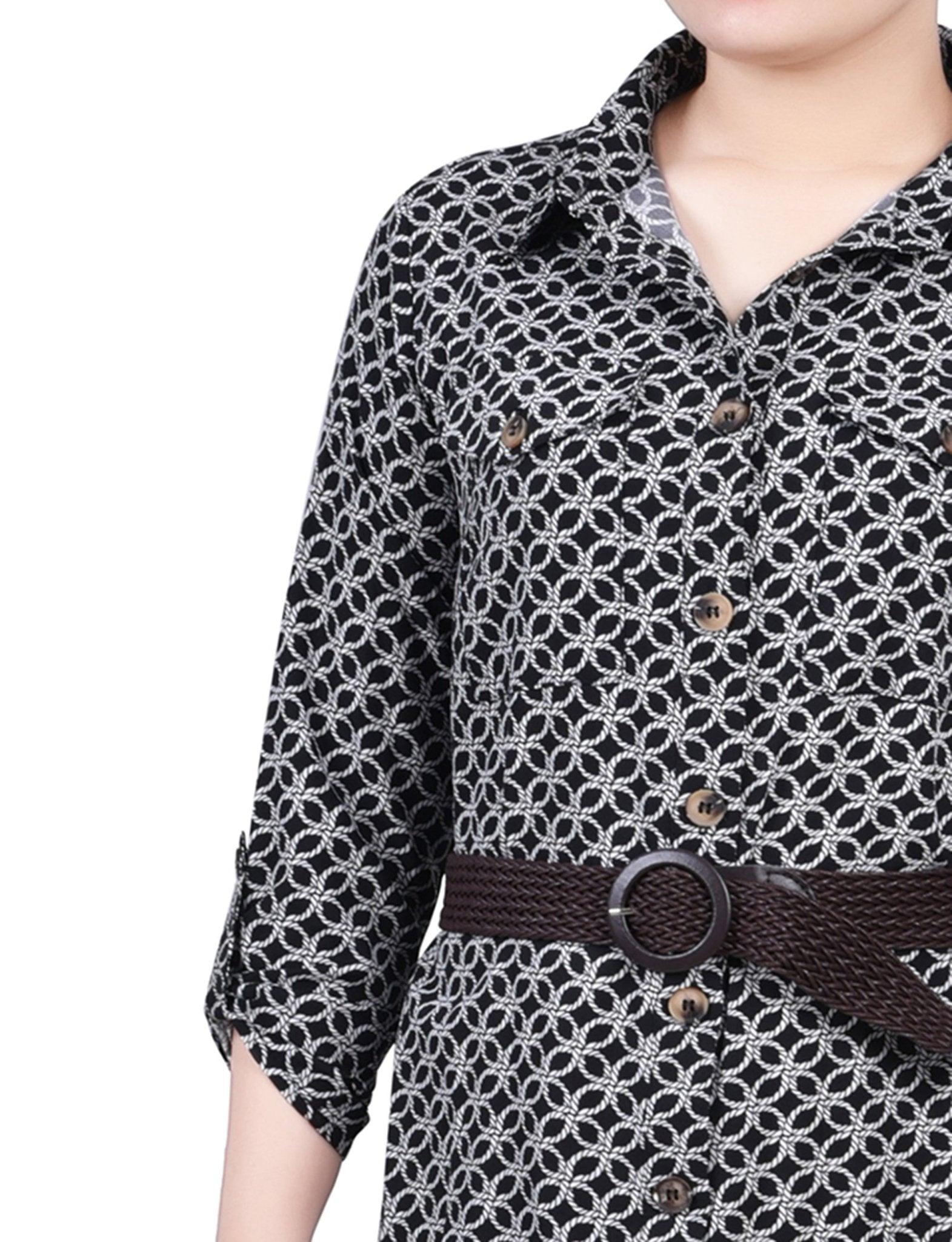 Black White Rope Iconic 3/4 Roll Tab Sleeve Shirtdress - Petite Product Image