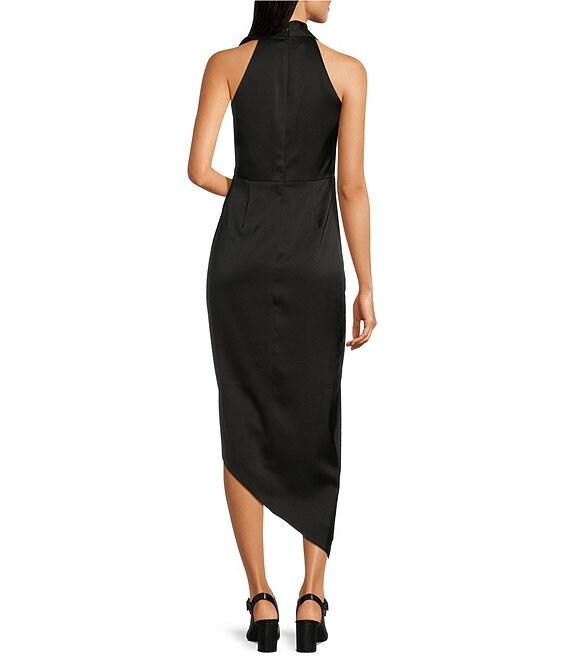 Alex Marie Hazel Surplice V-Neck Sleeveless Satin Asymmetrical Hem Midi Dress Product Image