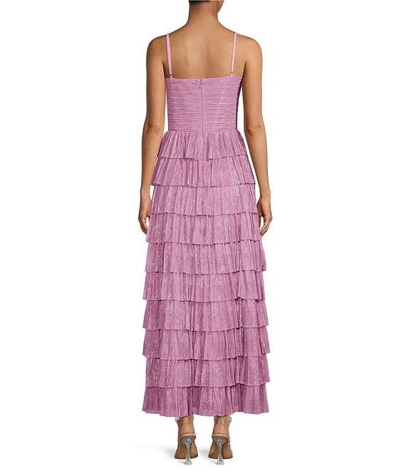 Gianni Bini Grace Metallic Plisse Sweetheart Neck Cut-Out Tiered Dress Product Image
