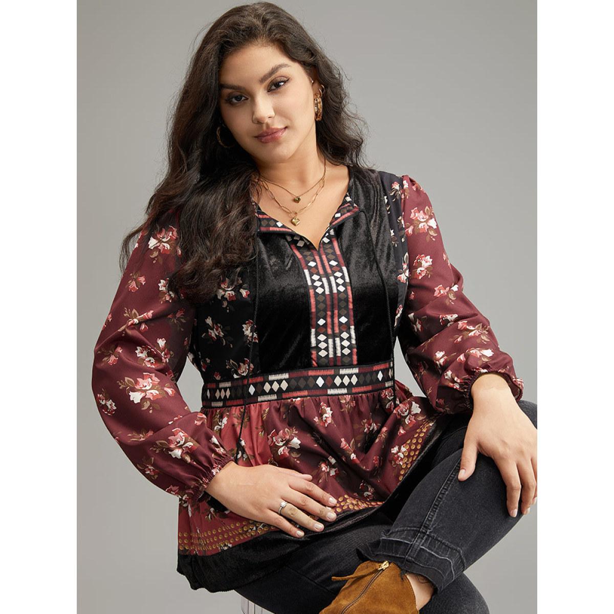 Plus Size Scarlet Velvet Floral Contrast Knot Neck Tassel Blouse Women Vacation Long Sleeve Tie Neck Dailywear Blouses BloomChic 14-16/1X Product Image