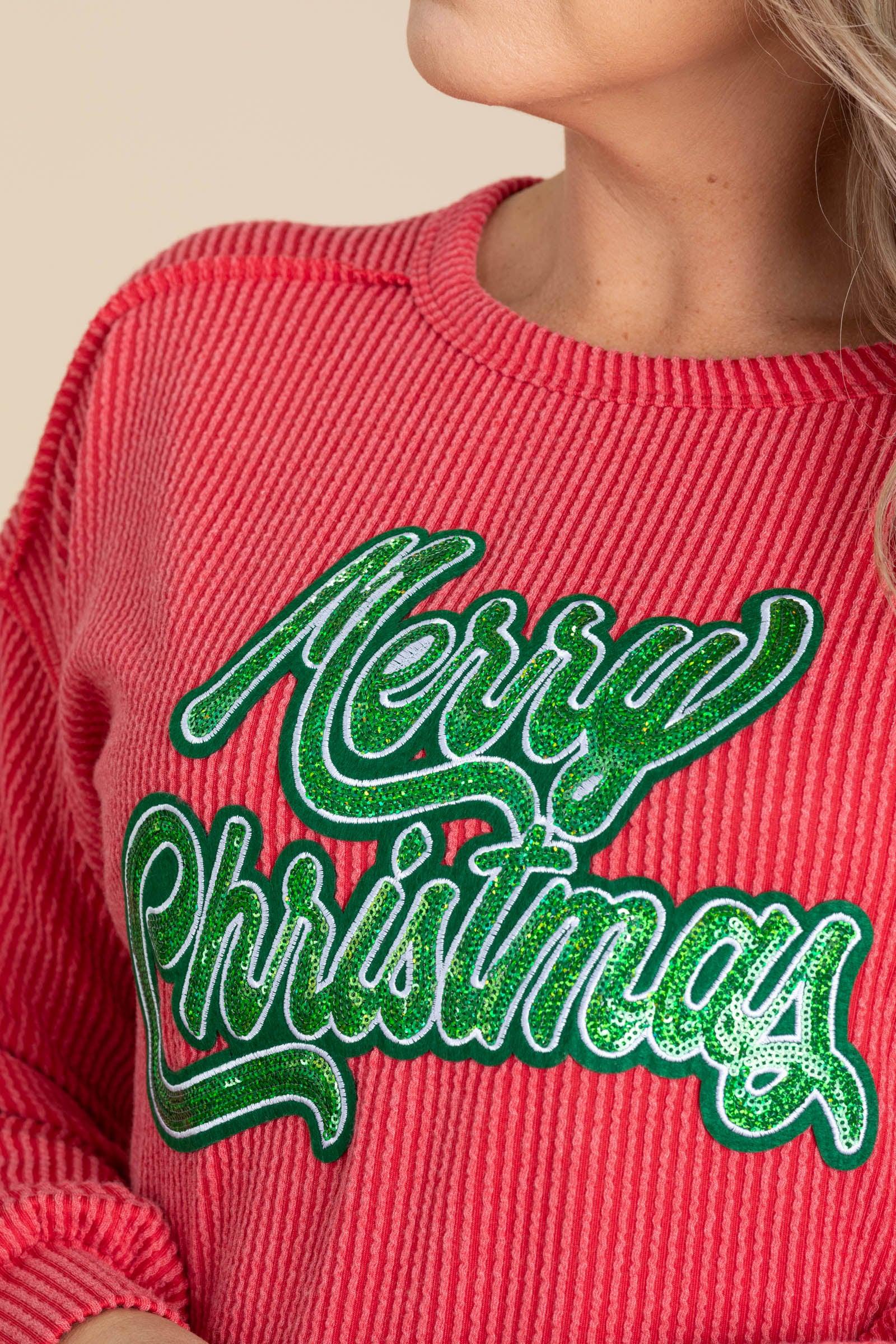 Ribbed Knit Tops With Merry Christmas Graphic Product Image