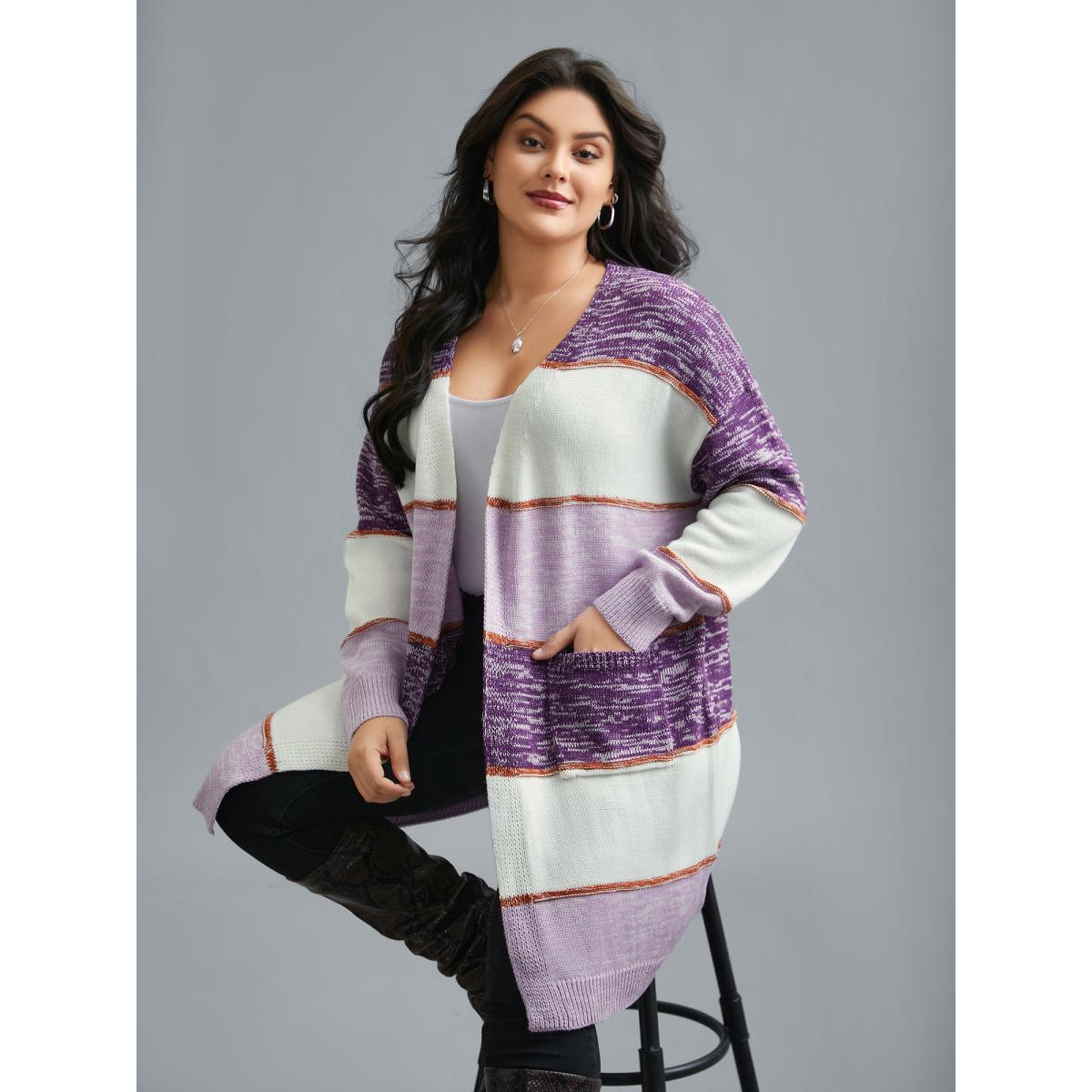 Plus Size Color Block Textured Open-Front Cardigan Deeppurple Women Casual Loose Long Sleeve Everyday Cardigans BloomChic 14-16/1X Product Image