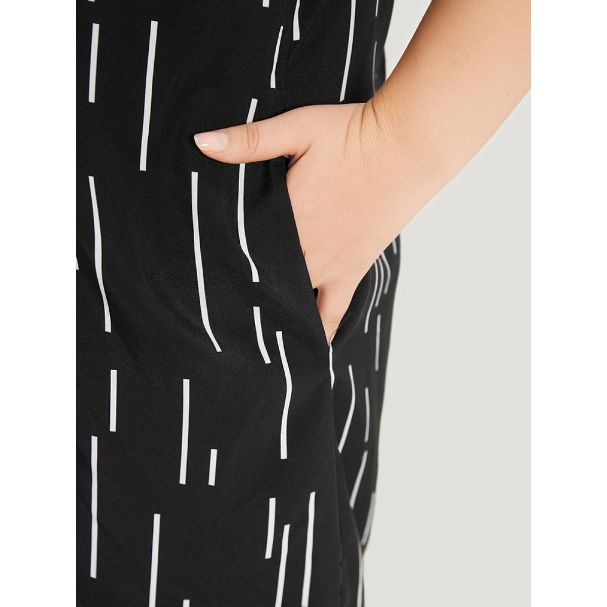 Plus Size Line Print Notched Bell Sleeve Ruffle Hem Dress Black Women Office Plain Notched collar Half Sleeve Curvy Midi Dress BloomChic 18-20/2X Product Image